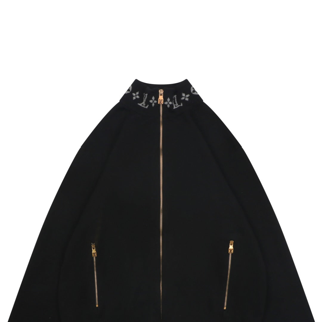 Louis Vuitton LV Monogram Rib-Trim Stand Collar Full-Zip Jacket | Black | LV-MON-RIB-STD-CLR-FZ-JKT-BLK
