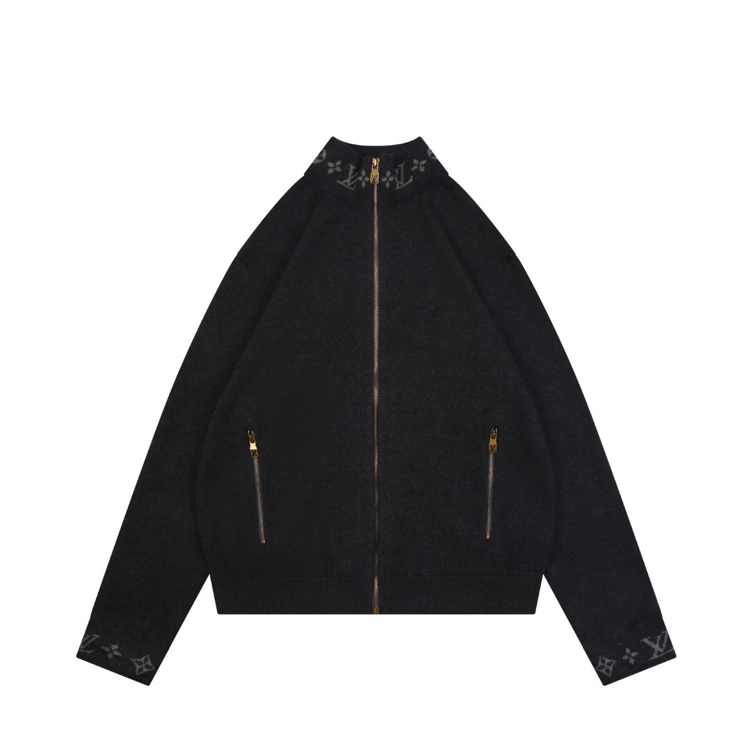 Louis Vuitton LV Monogram Rib-Trim Stand Collar Full-Zip Jacket | Dark Grey | LV-MON-RIB-STD-CLR-FZ-JKT-DGY