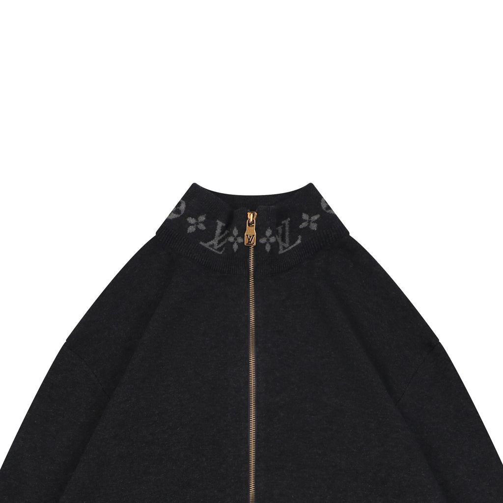 Louis Vuitton LV Monogram Rib-Trim Stand Collar Full-Zip Jacket | Dark Grey | LV-MON-RIB-STD-CLR-FZ-JKT-DGY