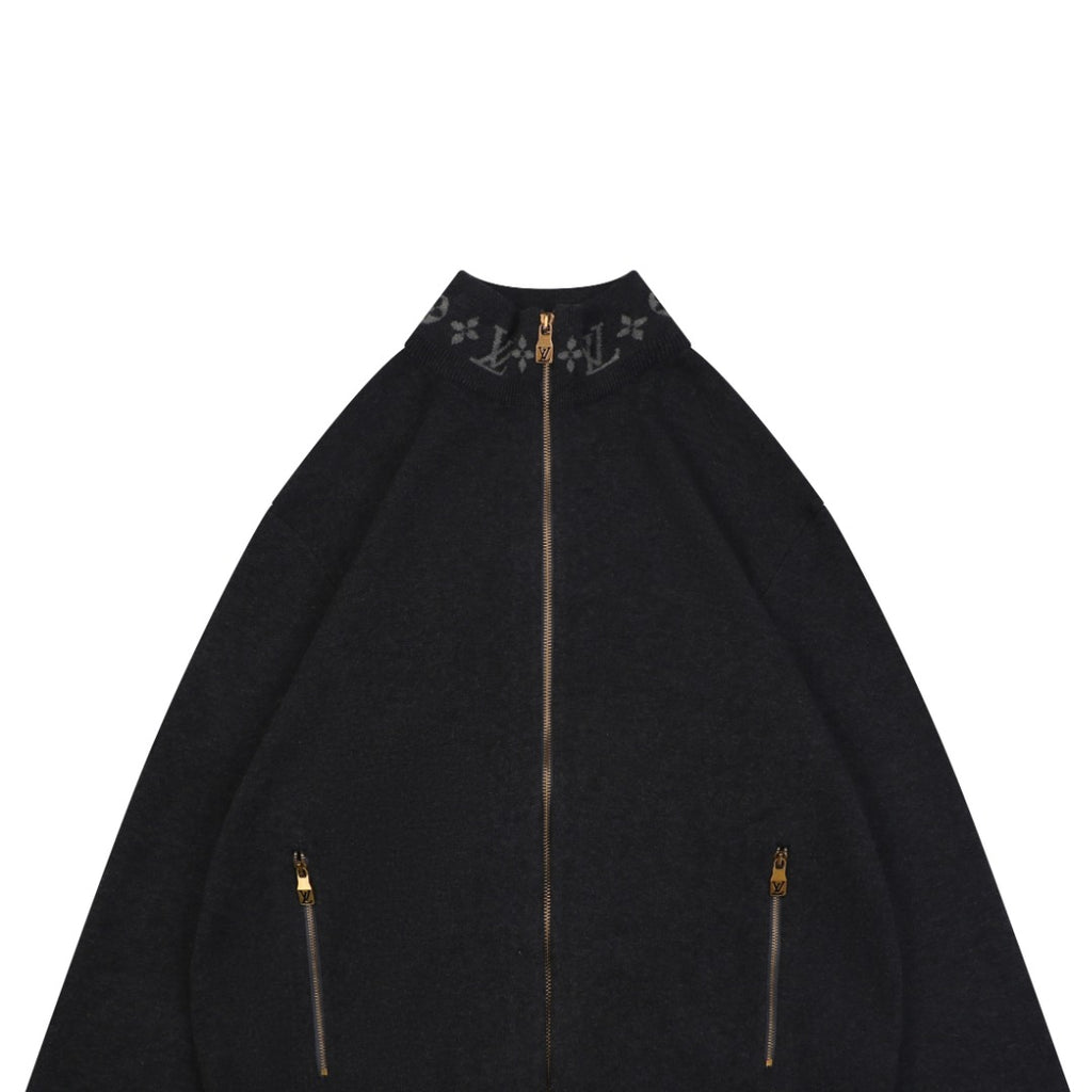 Louis Vuitton LV Monogram Rib-Trim Stand Collar Full-Zip Jacket | Dark Grey | LV-MON-RIB-STD-CLR-FZ-JKT-DGY