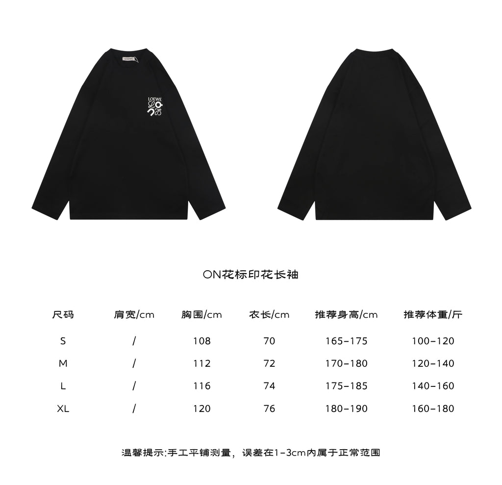Loewe ON Anagram Graphic Print Long Sleeve T-Shirt Black - Size Chart