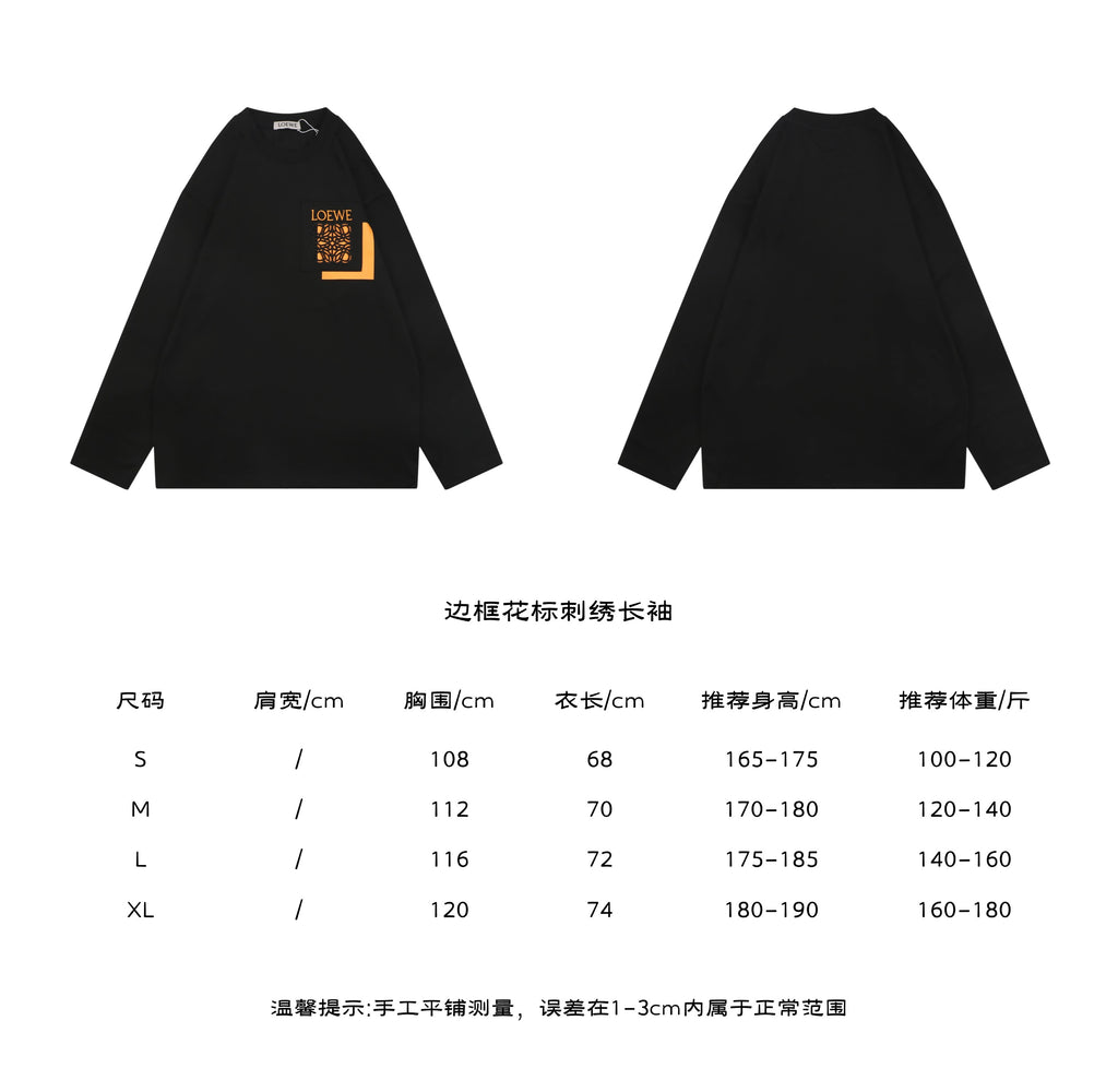 Loewe Border-Frame Anagram Embroidered Long Sleeve T-Shirt Black - Size Chart