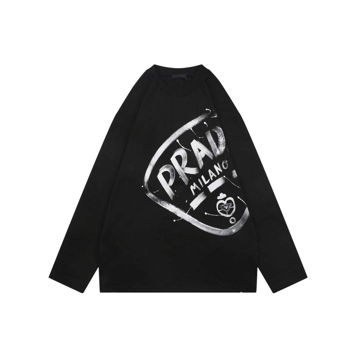 Prada Graffiti Shield Logo Print Long Sleeve T-Shirt | Black | PRA-GRF-SHD-LGO-PRT-LS-TSH-BLK