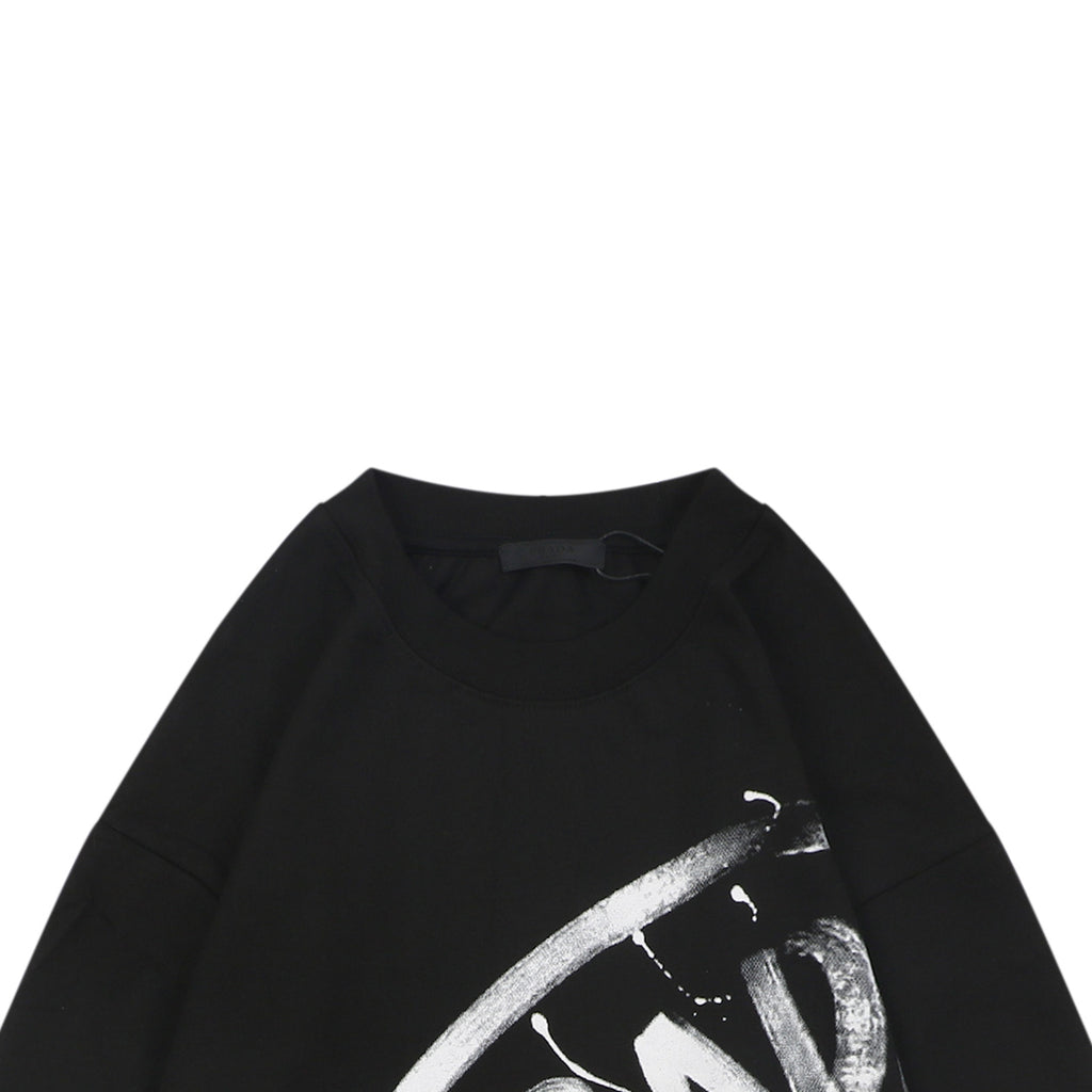 Prada Graffiti Shield Logo Print Long Sleeve T-Shirt | Black | PRA-GRF-SHD-LGO-PRT-LS-TSH-BLK