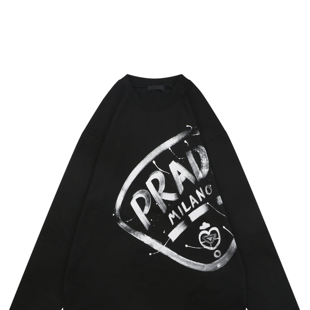 Prada Graffiti Shield Logo Print Long Sleeve T-Shirt | Black | PRA-GRF-SHD-LGO-PRT-LS-TSH-BLK
