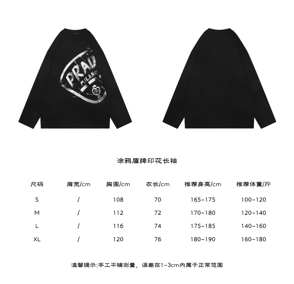 Prada Graffiti Shield Logo Print Long Sleeve T-Shirt Black - Size Chart