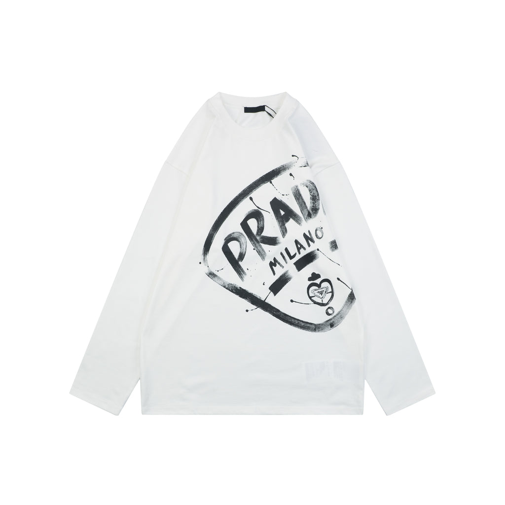 Prada Graffiti Shield Logo Print Long Sleeve T-Shirt | White | PRA-GRF-SHD-LGO-PRT-LS-TSH-WHT