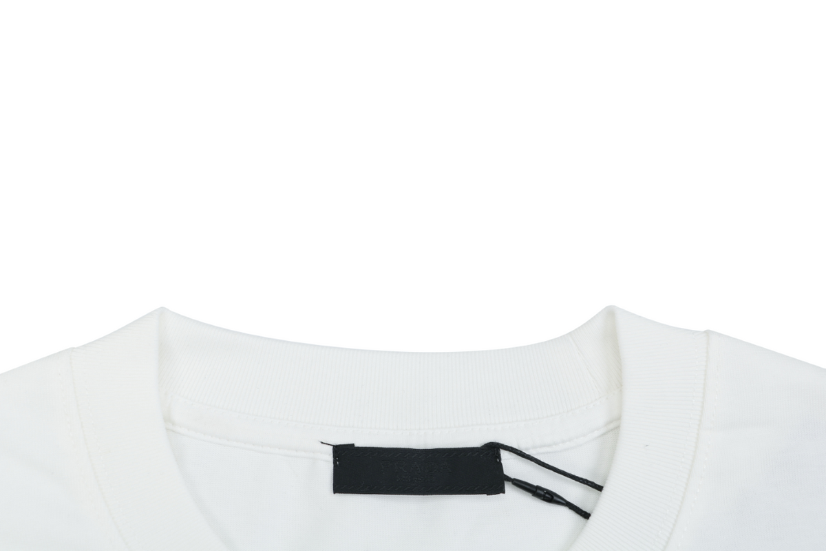 Prada Graffiti Shield Logo Print Long Sleeve T-Shirt | White | PRA-GRF-SHD-LGO-PRT-LS-TSH-WHT