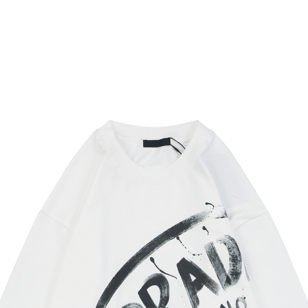 Prada Graffiti Shield Logo Print Long Sleeve T-Shirt | White | PRA-GRF-SHD-LGO-PRT-LS-TSH-WHT
