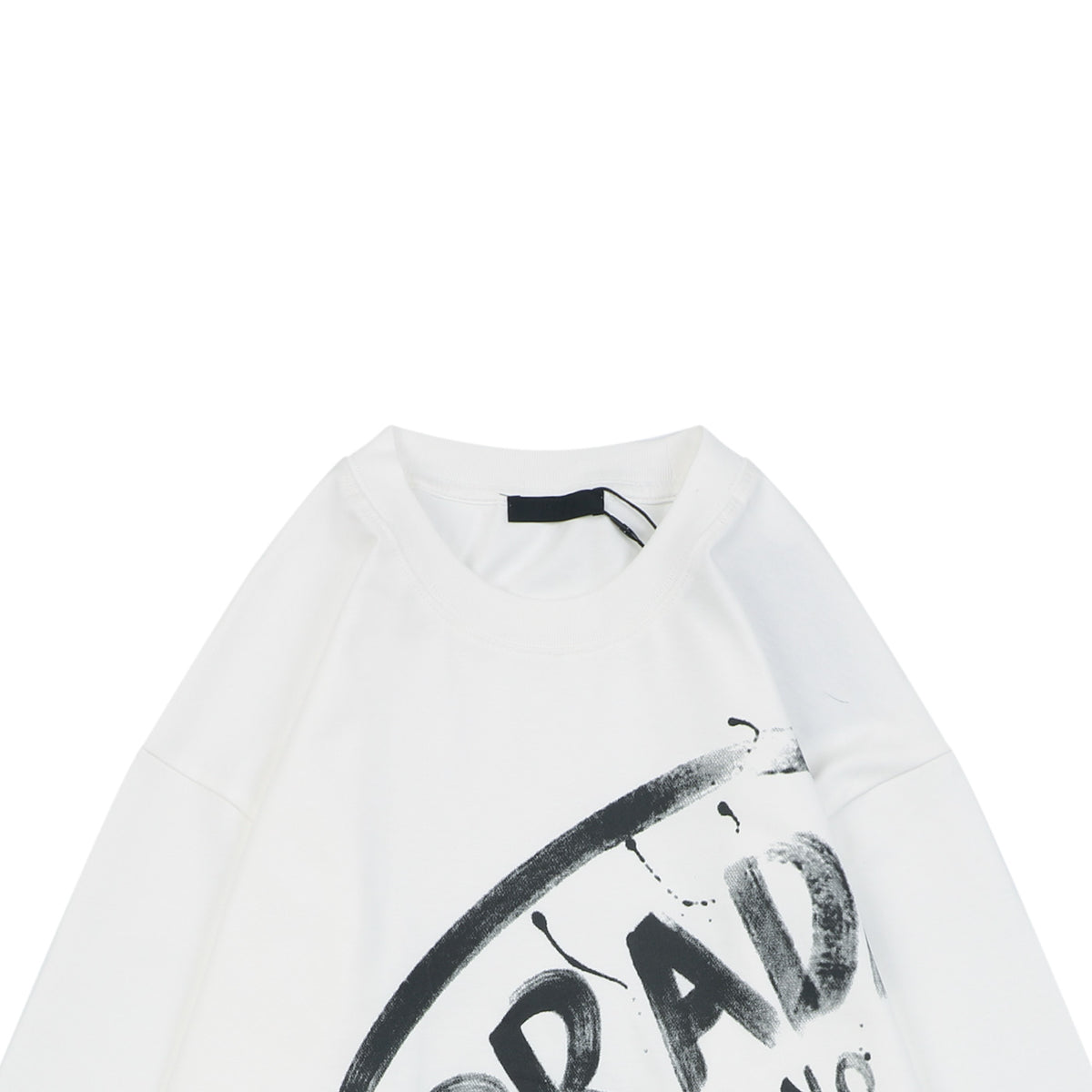 Prada Graffiti Shield Logo Print Long Sleeve T-Shirt | White | PRA-GRF-SHD-LGO-PRT-LS-TSH-WHT
