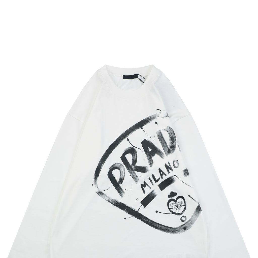 Prada Graffiti Shield Logo Print Long Sleeve T-Shirt | White | PRA-GRF-SHD-LGO-PRT-LS-TSH-WHT