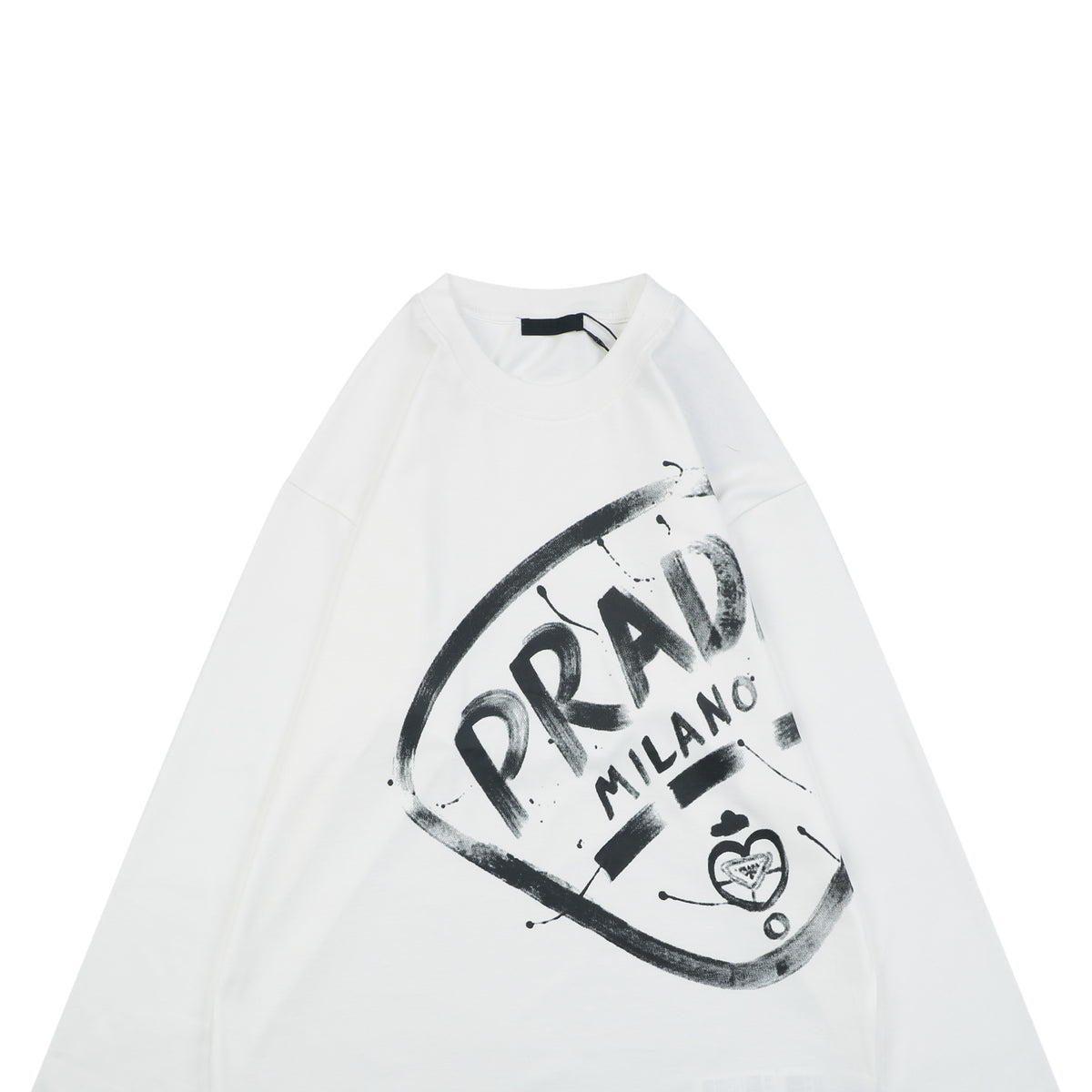 Prada Graffiti Shield Logo Print Long Sleeve T-Shirt | White | PRA-GRF-SHD-LGO-PRT-LS-TSH-WHT