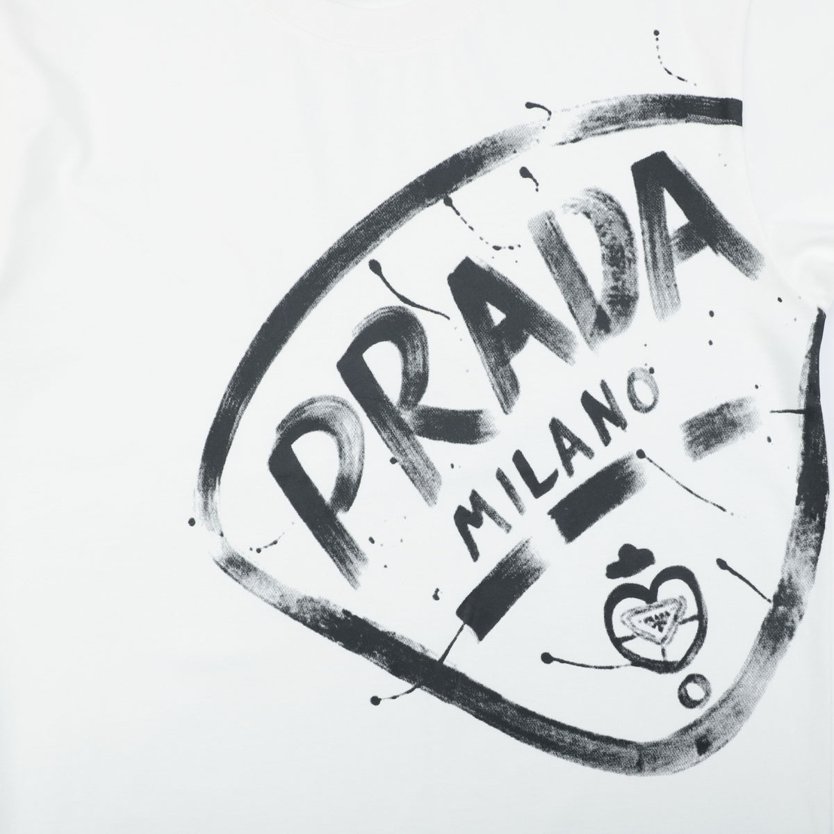 Prada Graffiti Shield Logo Print Long Sleeve T-Shirt | White | PRA-GRF-SHD-LGO-PRT-LS-TSH-WHT