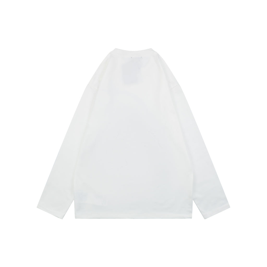Prada Graffiti Shield Logo Print Long Sleeve T-Shirt | White | PRA-GRF-SHD-LGO-PRT-LS-TSH-WHT