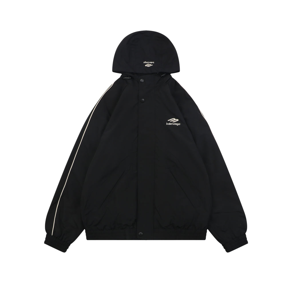 Balenciaga 3B Script Logo Contrast Piping Hooded Jacket | Black | BAL-3B-SCR-LGO-PPG-HD-JKT-BLK