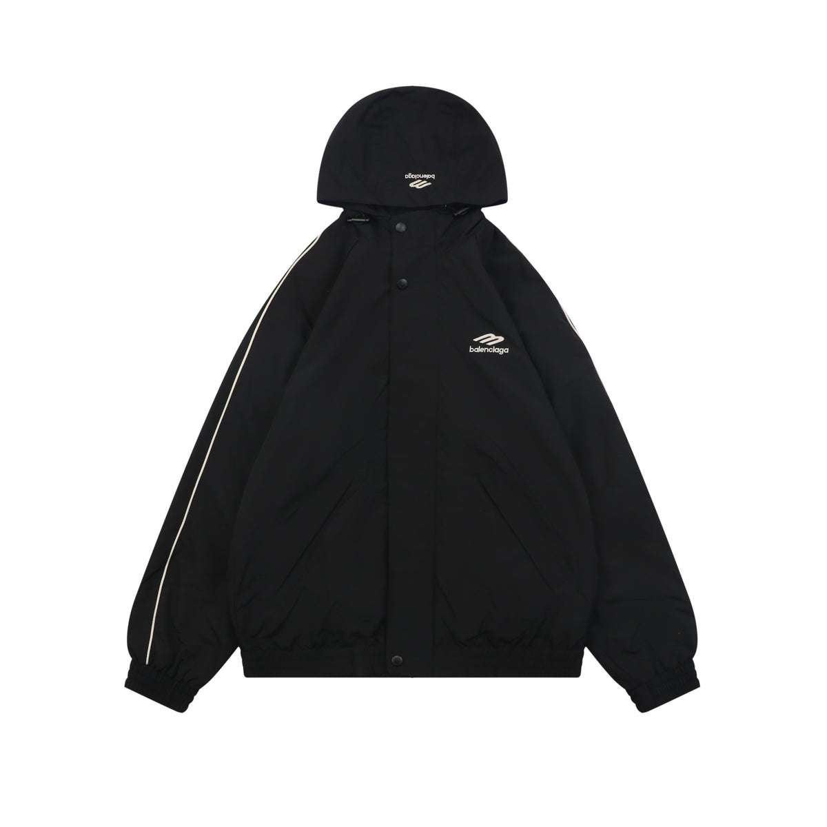 Balenciaga 3B Script Logo Contrast Piping Hooded Jacket | Black | BAL-3B-SCR-LGO-PPG-HD-JKT-BLK