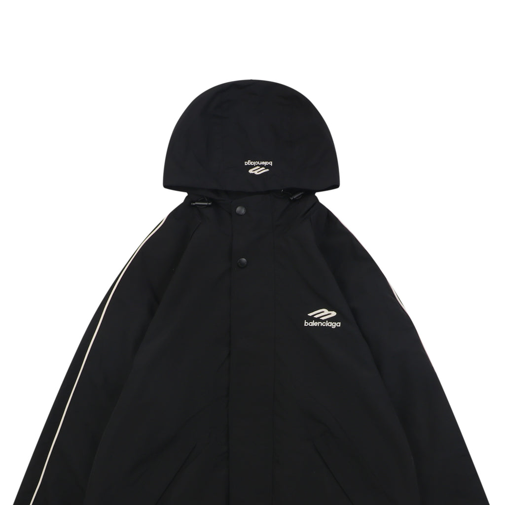 Balenciaga 3B Script Logo Contrast Piping Hooded Jacket | Black | BAL-3B-SCR-LGO-PPG-HD-JKT-BLK