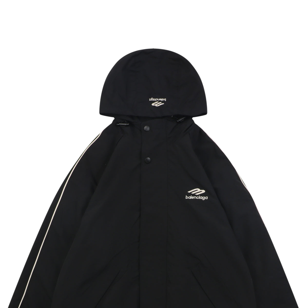 Balenciaga 3B Script Logo Contrast Piping Hooded Jacket | Black | BAL-3B-SCR-LGO-PPG-HD-JKT-BLK