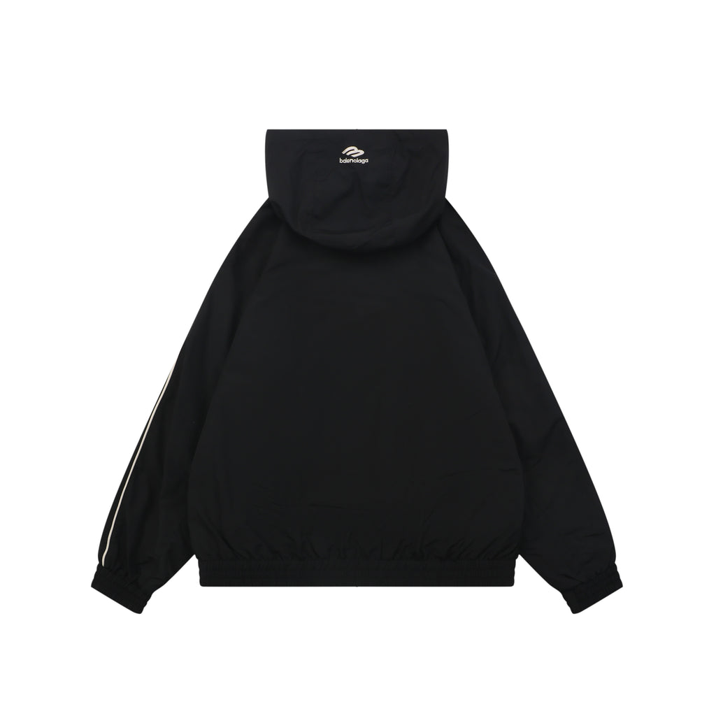 Balenciaga 3B Script Logo Contrast Piping Hooded Jacket | Black | BAL-3B-SCR-LGO-PPG-HD-JKT-BLK