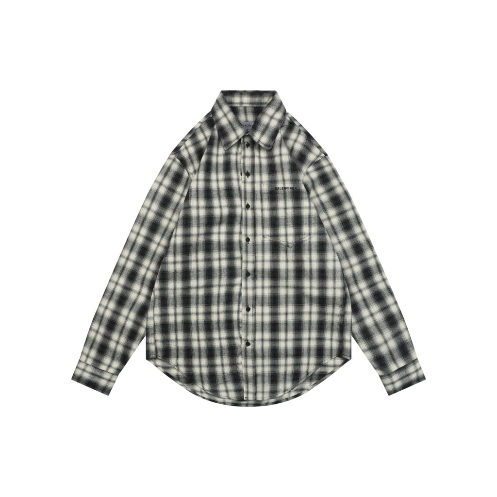 Balenciaga Paris Logo Pocket Black and White Plaid Long Sleeve Shirt