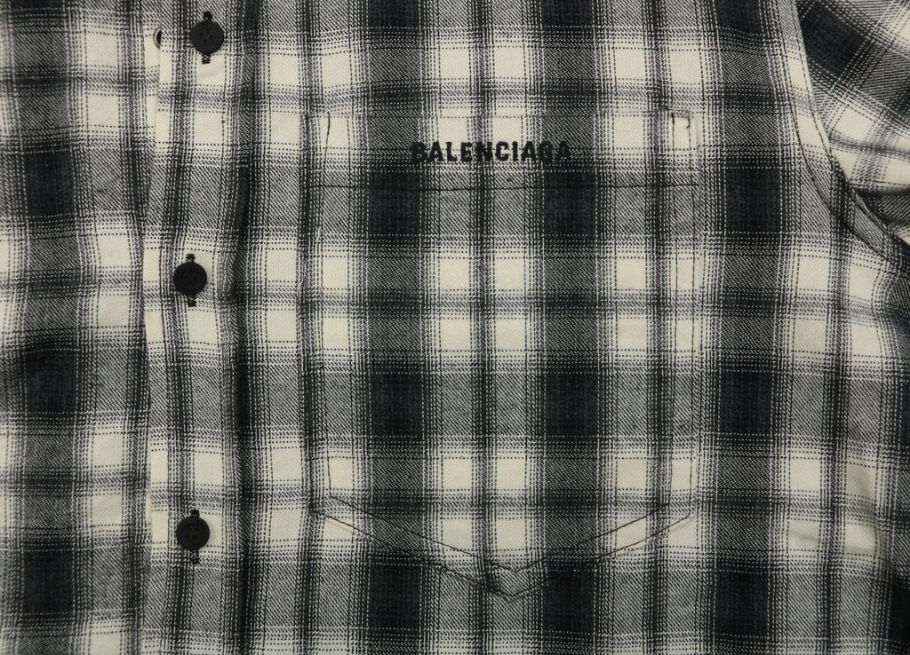 Balenciaga Paris Logo Pocket Black and White Plaid Long Sleeve Shirt