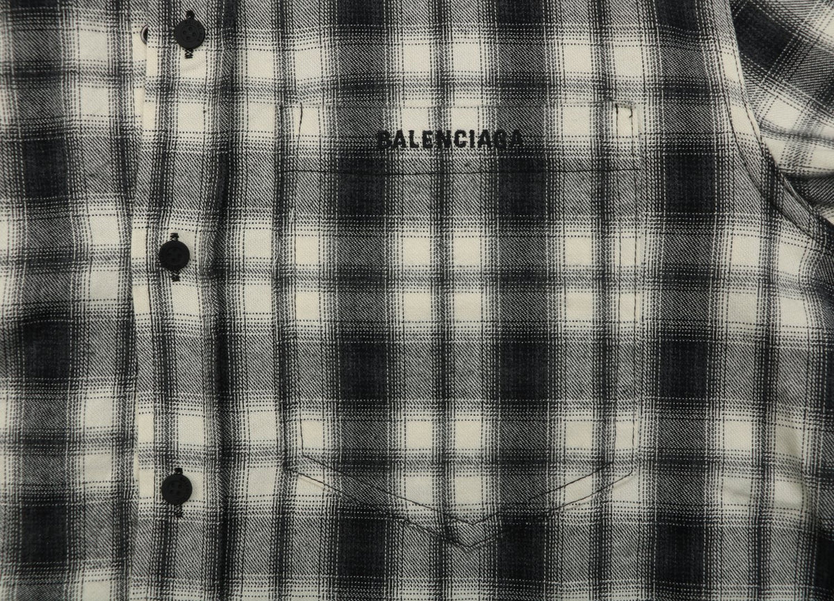 Balenciaga Paris Logo Pocket Black and White Plaid Long Sleeve Shirt