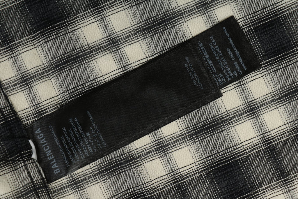 Balenciaga Paris Logo Pocket Black and White Plaid Long Sleeve Shirt