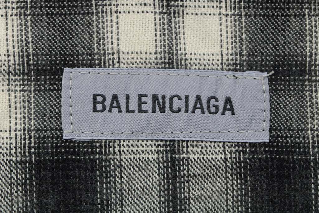 Balenciaga Paris Logo Pocket Black and White Plaid Long Sleeve Shirt