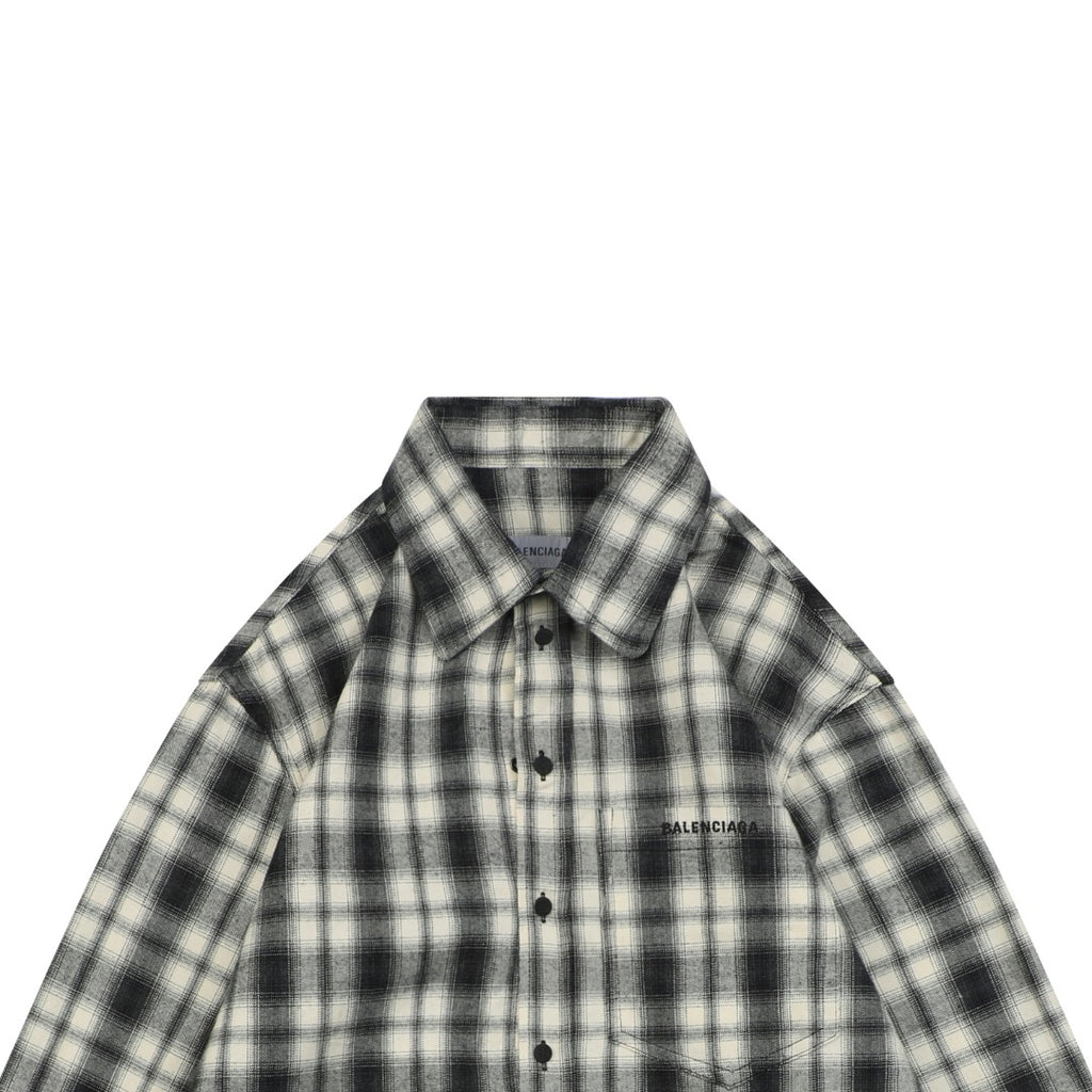 Balenciaga Paris Logo Pocket Black and White Plaid Long Sleeve Shirt