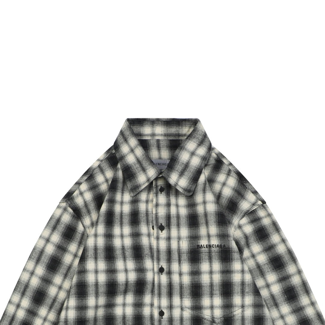 Balenciaga Paris Logo Pocket Black and White Plaid Long Sleeve Shirt