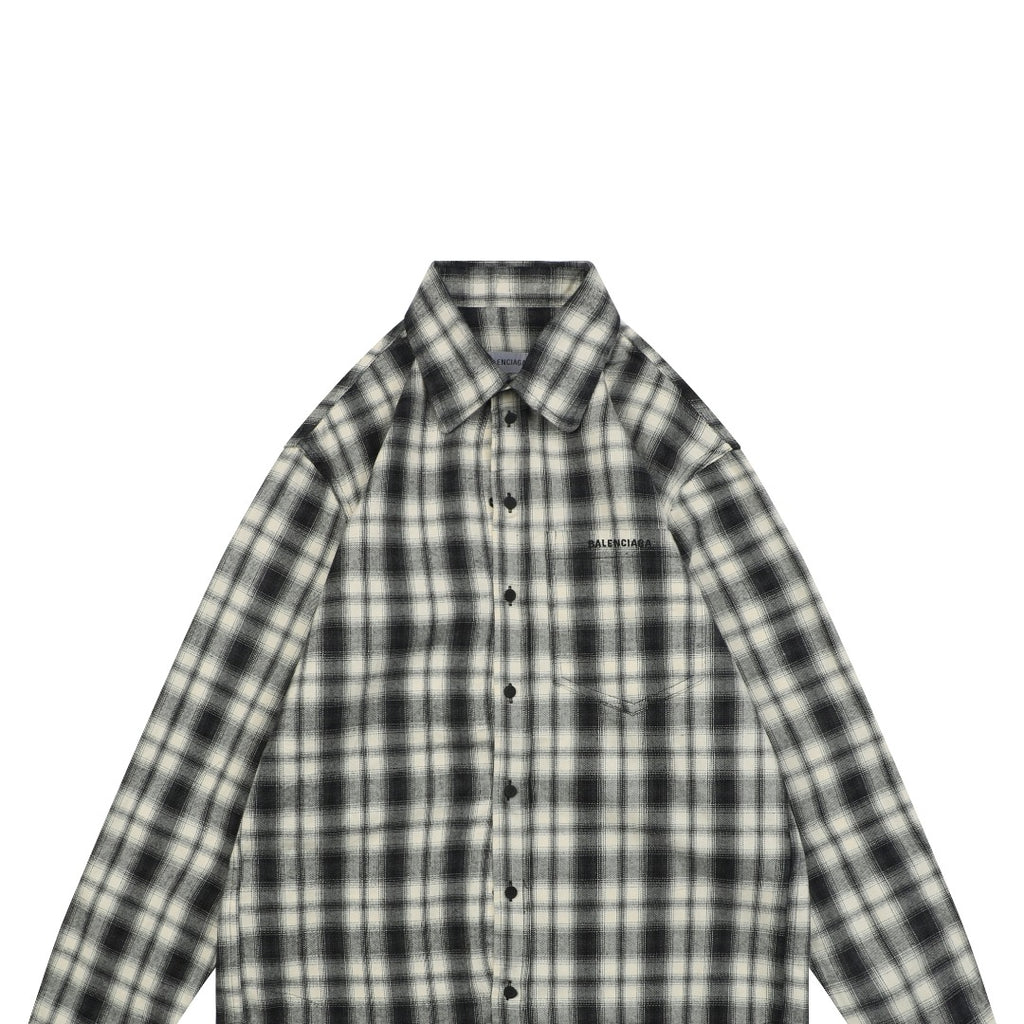 Balenciaga Paris Logo Pocket Black and White Plaid Long Sleeve Shirt