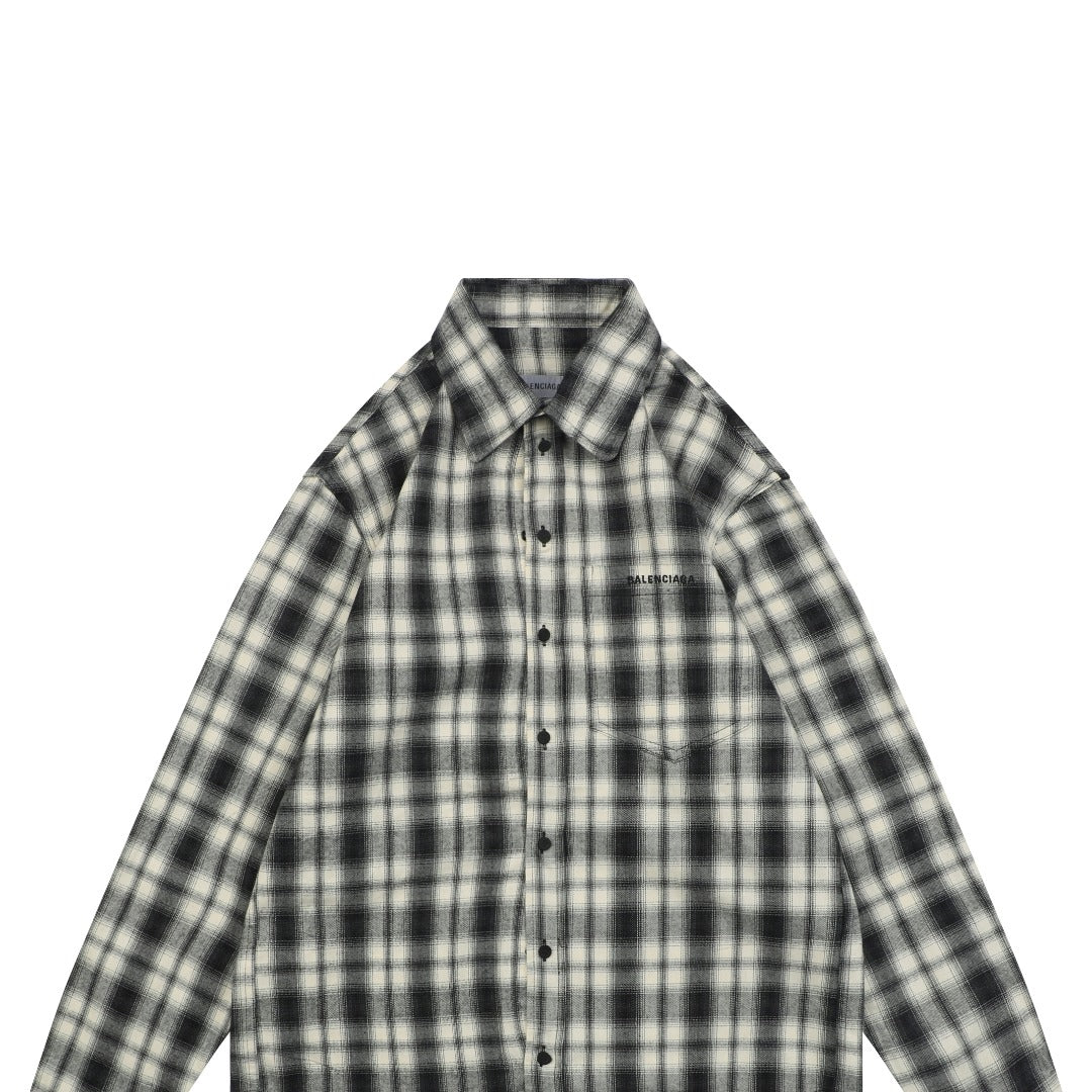 Balenciaga Paris Logo Pocket Black and White Plaid Long Sleeve Shirt