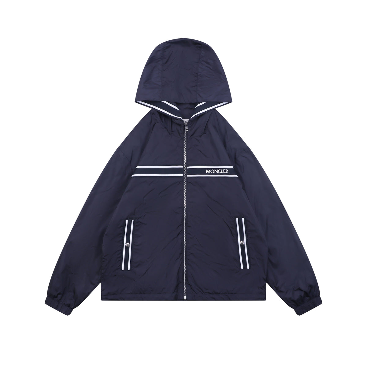 Moncler Horizontal Stripe Logo Tape Hooded Zip Jacket | Navy