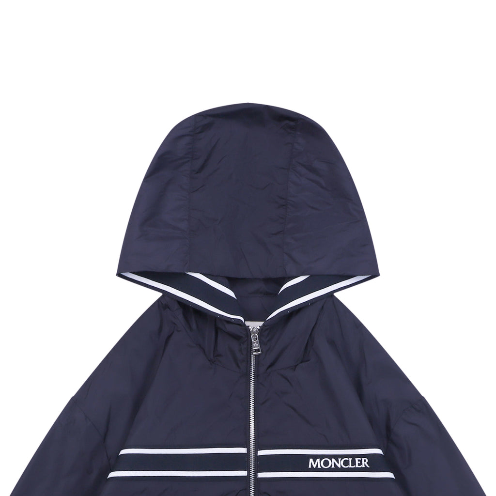 Moncler Horizontal Stripe Logo Tape Hooded Zip Jacket | Navy