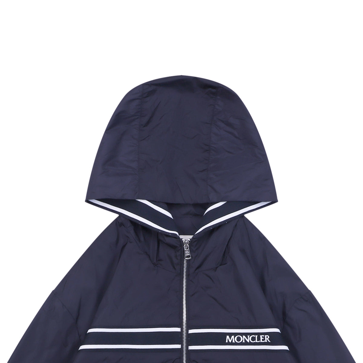 Moncler Horizontal Stripe Logo Tape Hooded Zip Jacket | Navy