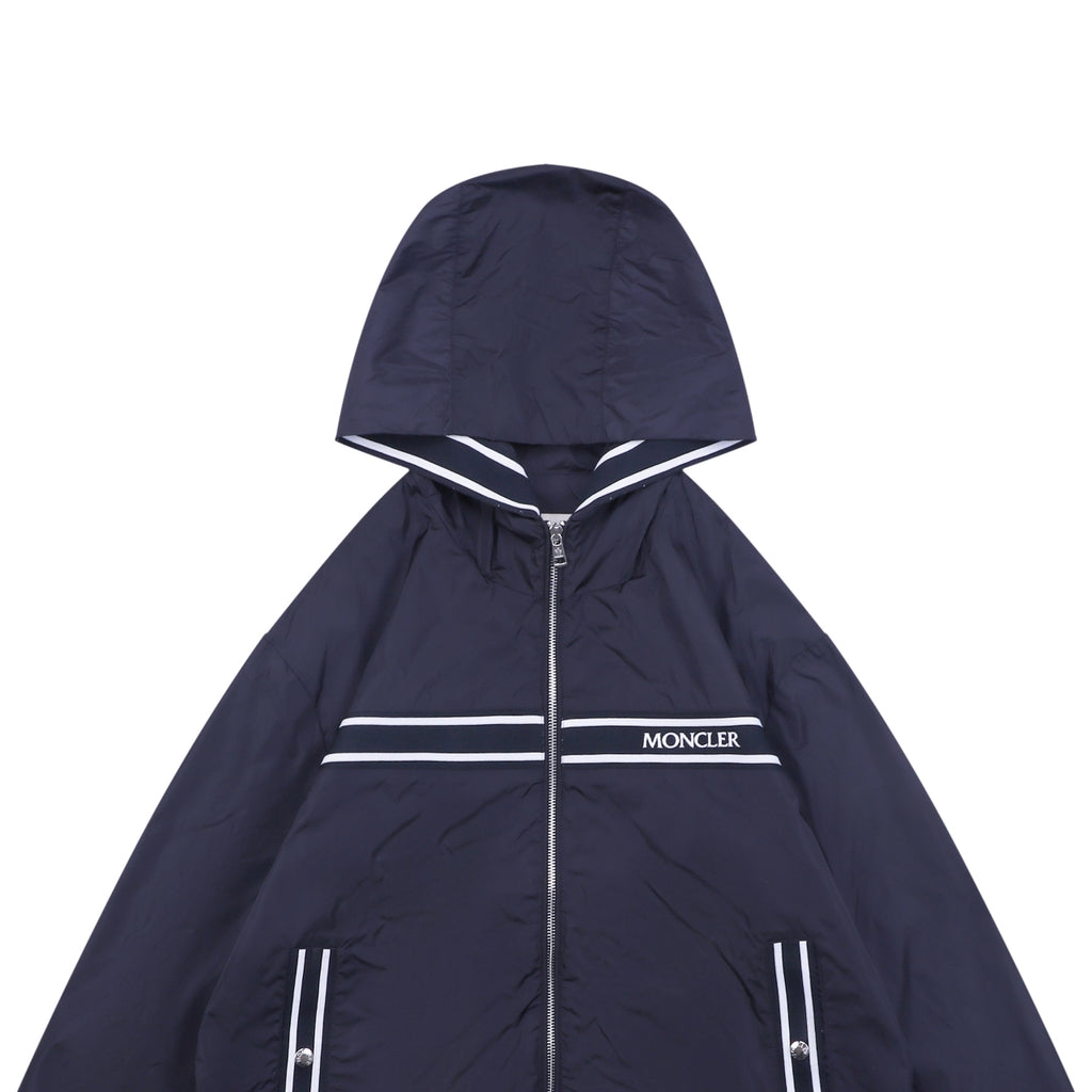 Moncler Horizontal Stripe Logo Tape Hooded Zip Jacket | Navy
