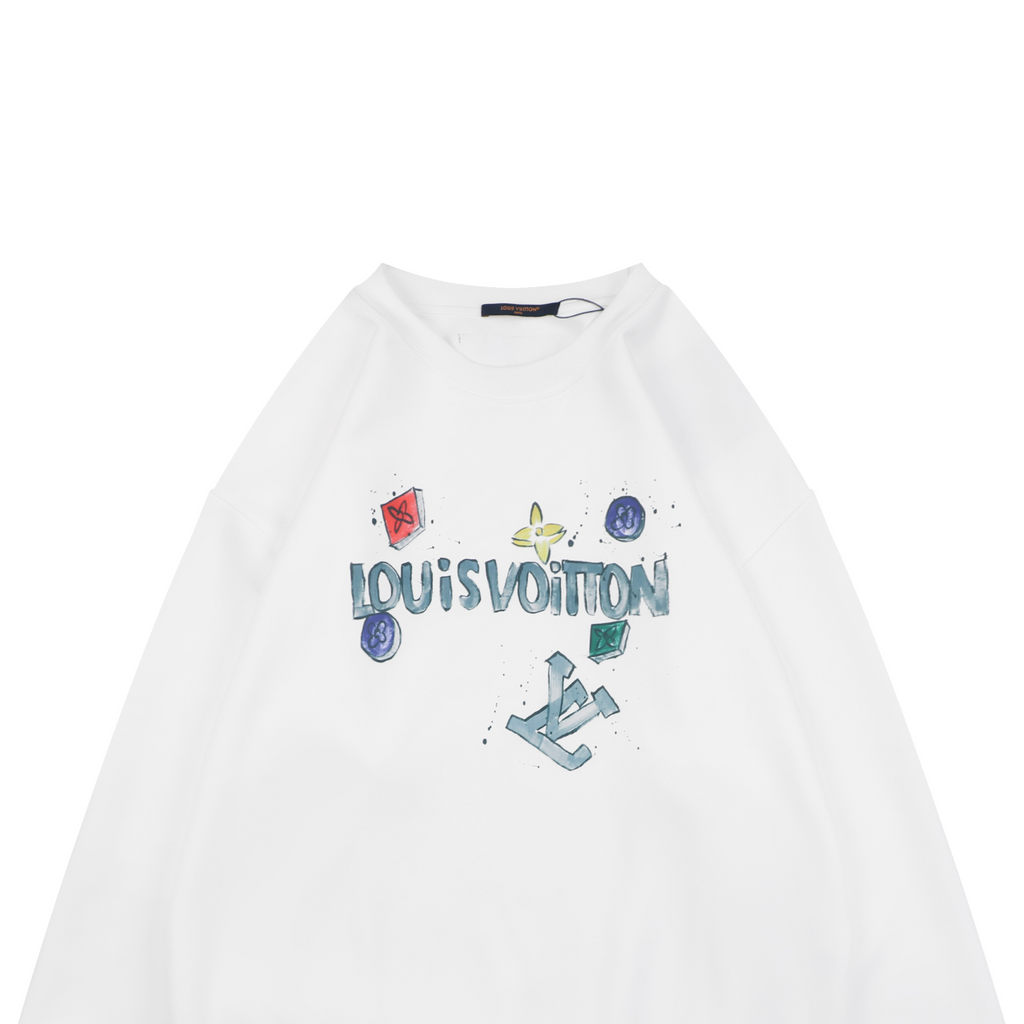 Louis Vuitton Monogram Graffiti Sketch Watercolour Print Crewneck Sweatshirt | White