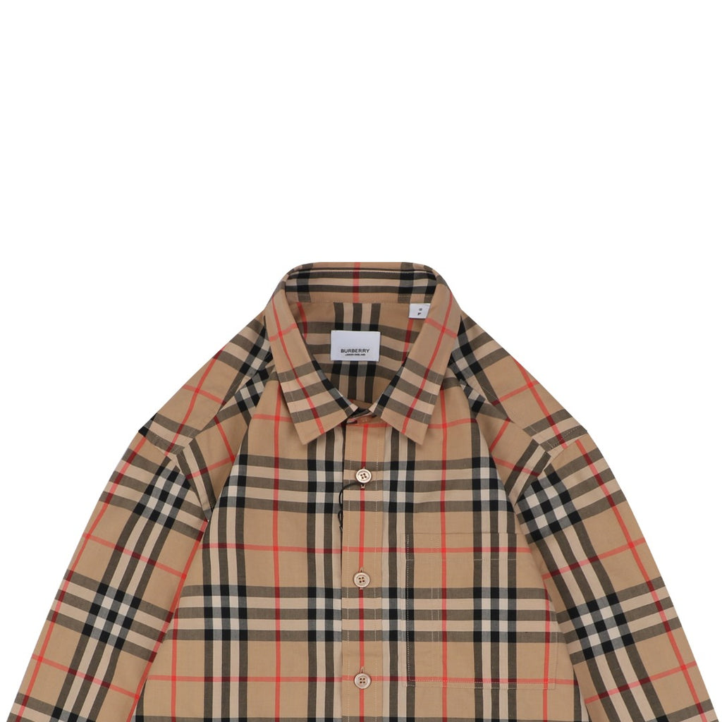 Burberry Vintage Check Oversized Logo Hem Long Sleeve Shirt | Camel