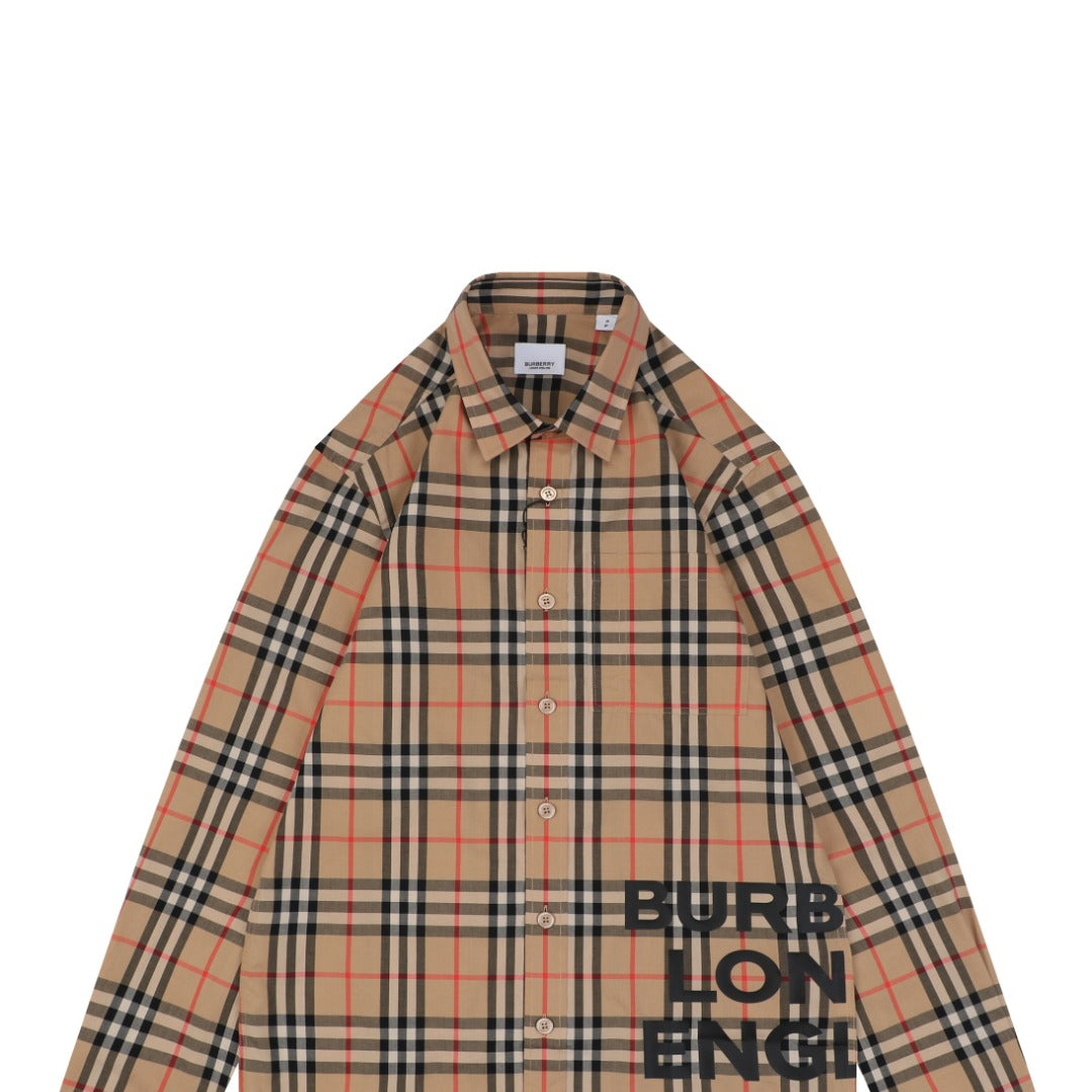 Burberry Vintage Check Oversized Logo Hem Long Sleeve Shirt | Camel