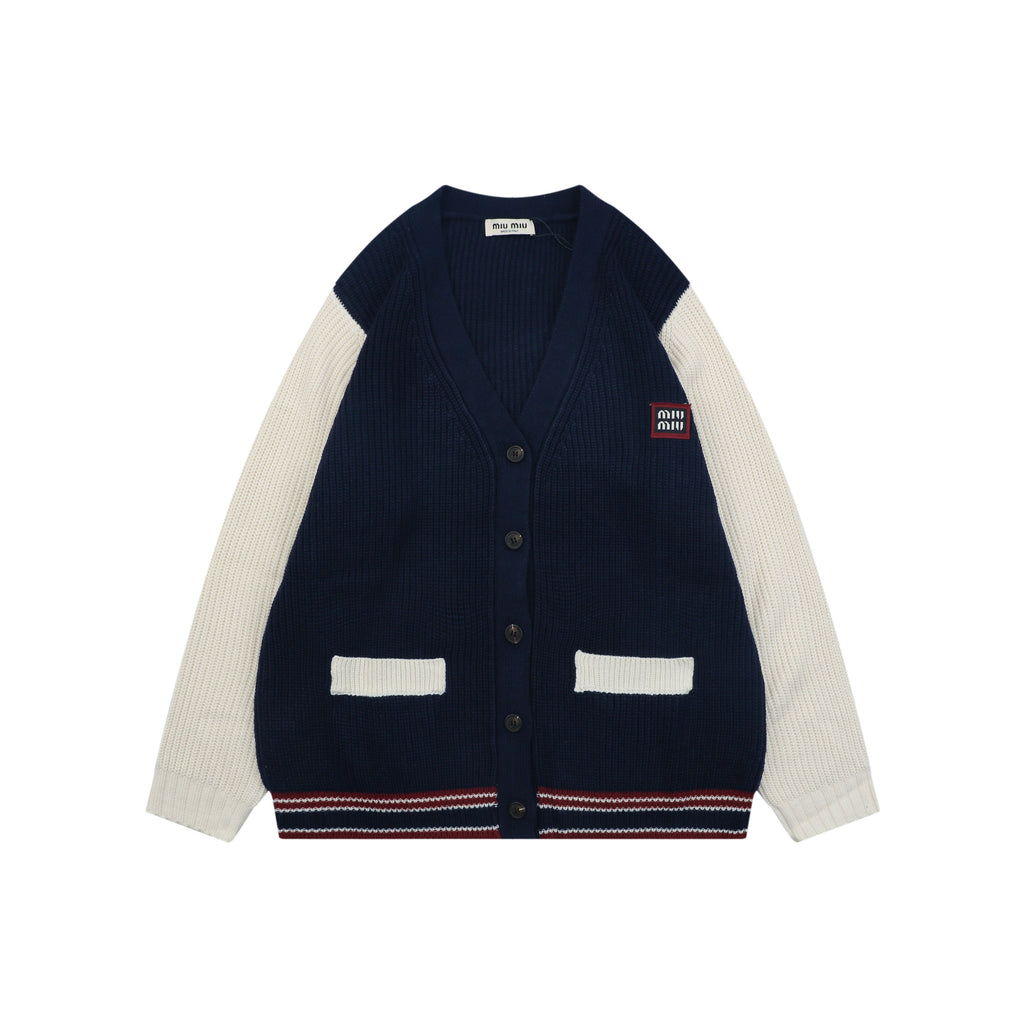 Miu Miu FW25 Colourblock Logo Patch Cardigan | Navy / Cream
