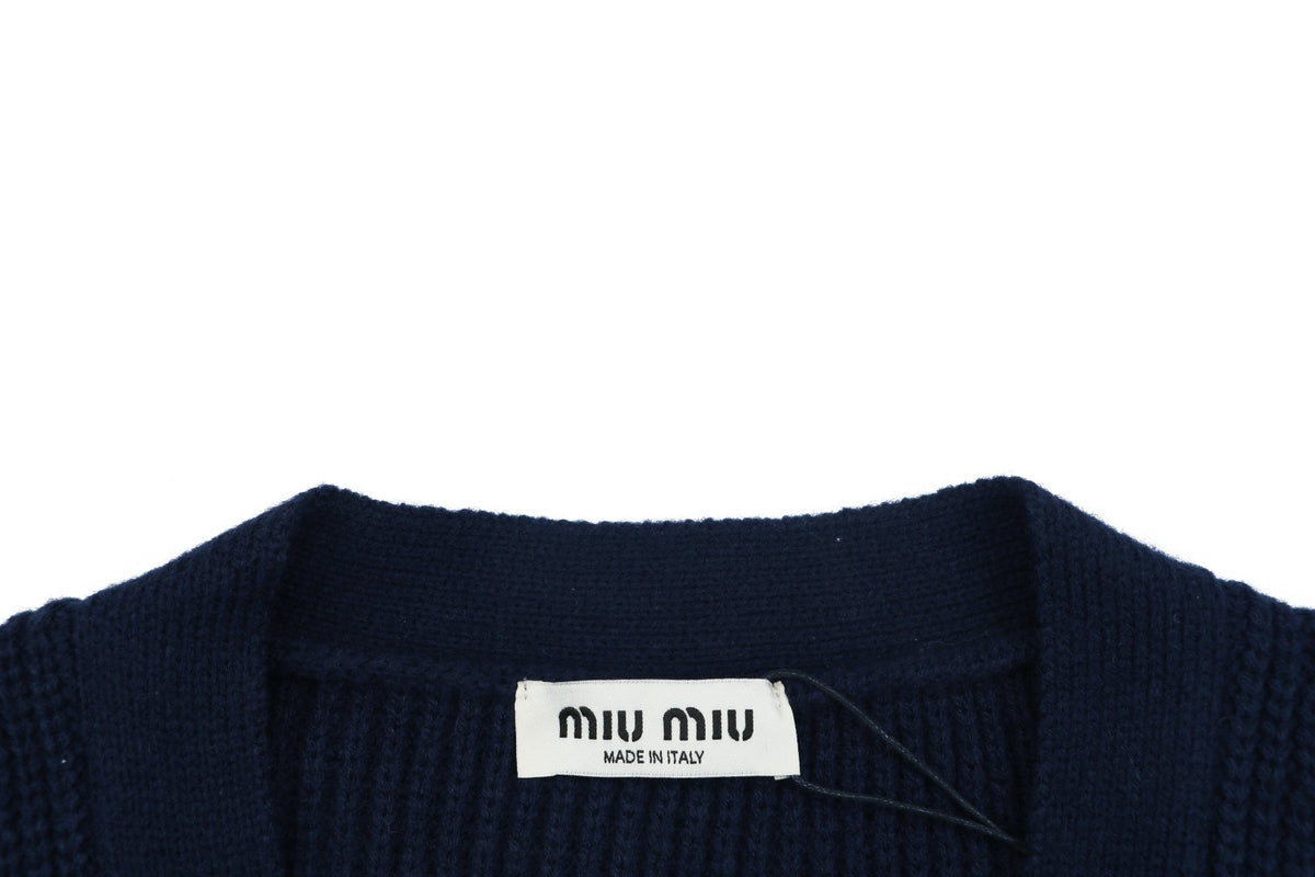 Miu Miu FW25 Colourblock Logo Patch Cardigan | Navy / Cream