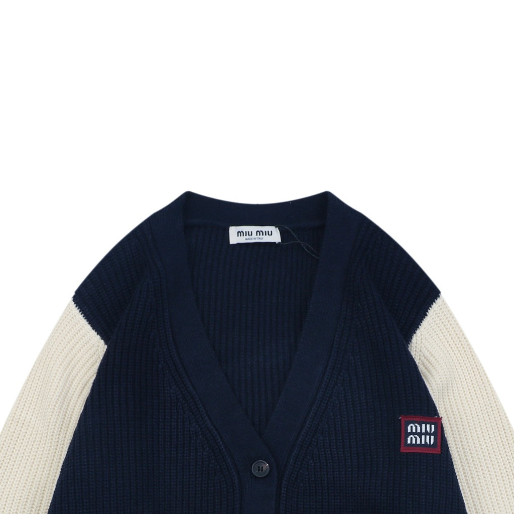 Miu Miu FW25 Colourblock Logo Patch Cardigan | Navy / Cream