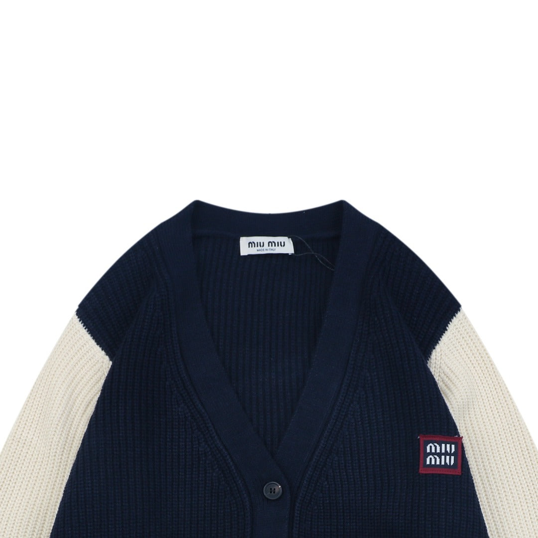 Miu Miu FW25 Colourblock Logo Patch Cardigan | Navy / Cream