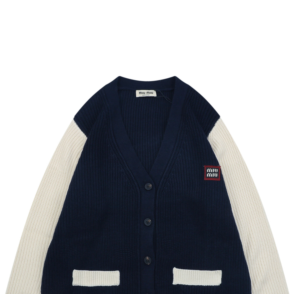 Miu Miu FW25 Colourblock Logo Patch Cardigan | Navy / Cream