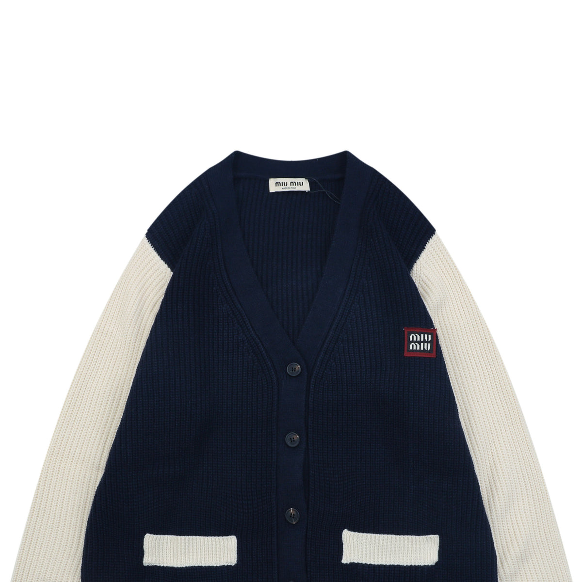 Miu Miu FW25 Colourblock Logo Patch Cardigan | Navy / Cream