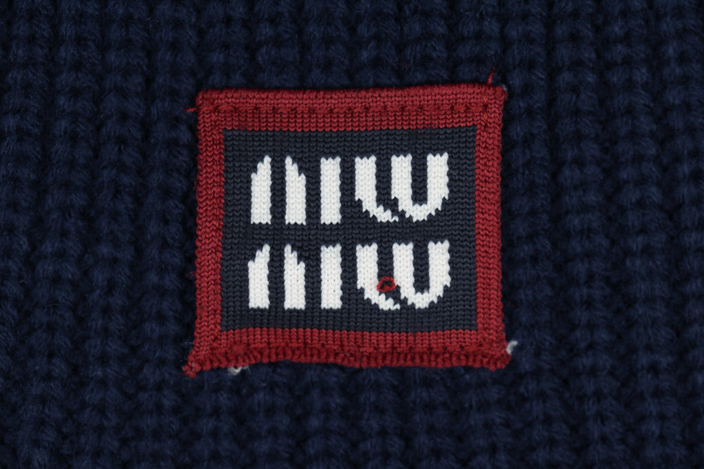Miu Miu FW25 Colourblock Logo Patch Cardigan | Navy / Cream