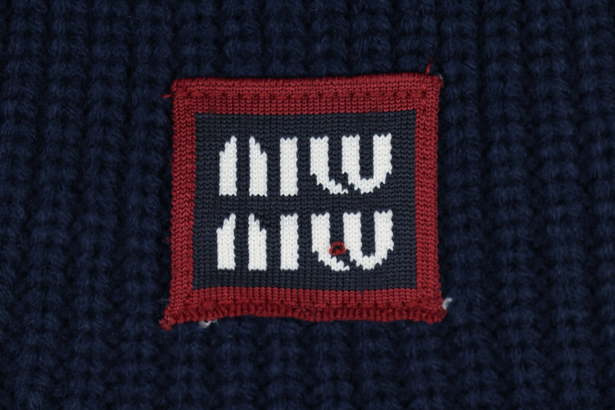 Miu Miu FW25 Colourblock Logo Patch Cardigan | Navy / Cream
