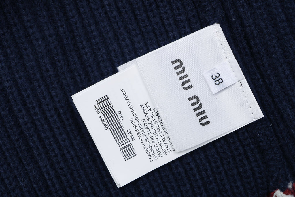 Miu Miu FW25 Colourblock Logo Patch Cardigan | Navy / Cream