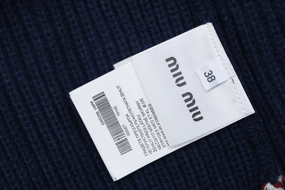 Miu Miu FW25 Colourblock Logo Patch Cardigan | Navy / Cream