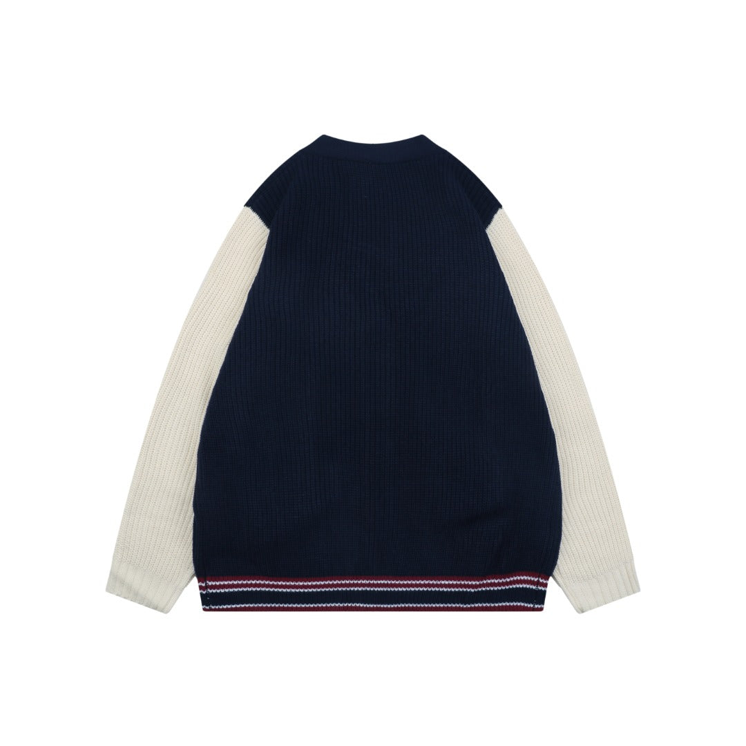 Miu Miu FW25 Colourblock Logo Patch Cardigan | Navy / Cream